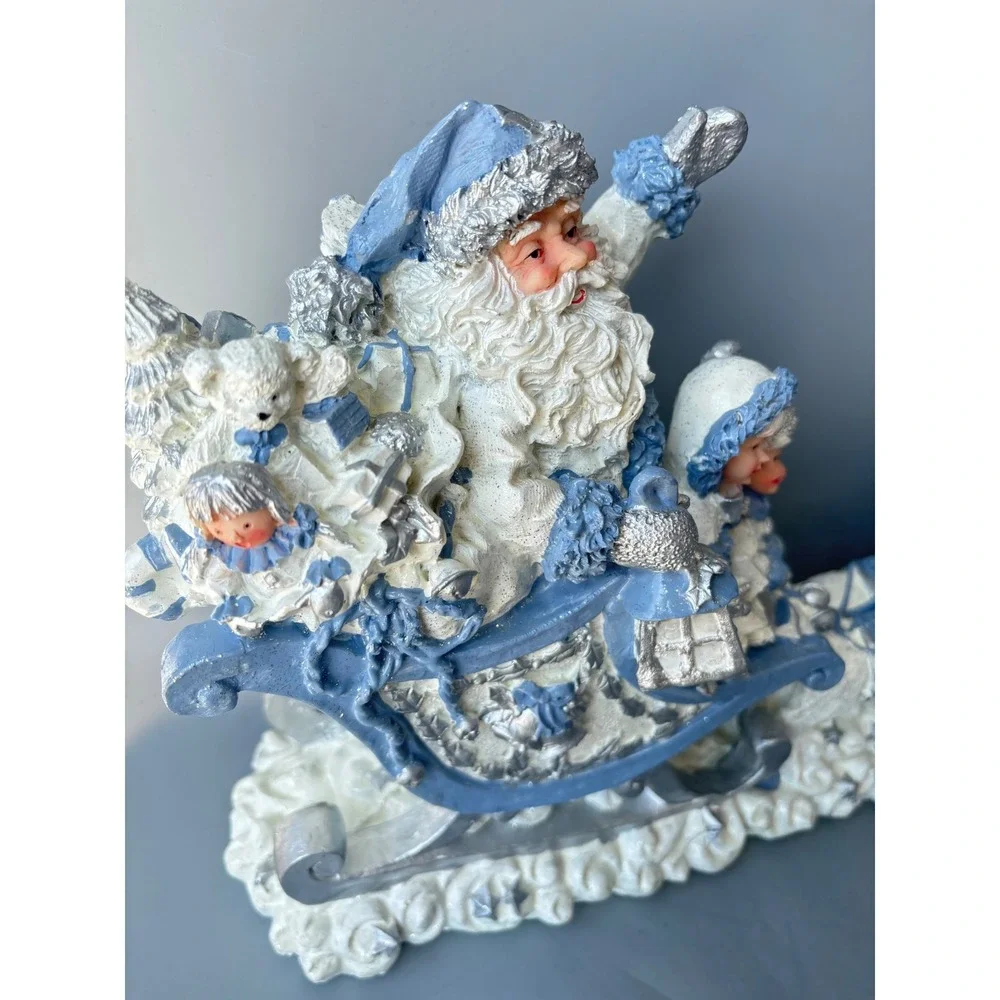 Santa Claus Sleigh and Reindeer Figurine Blue White Silver Christmas Centerpiece